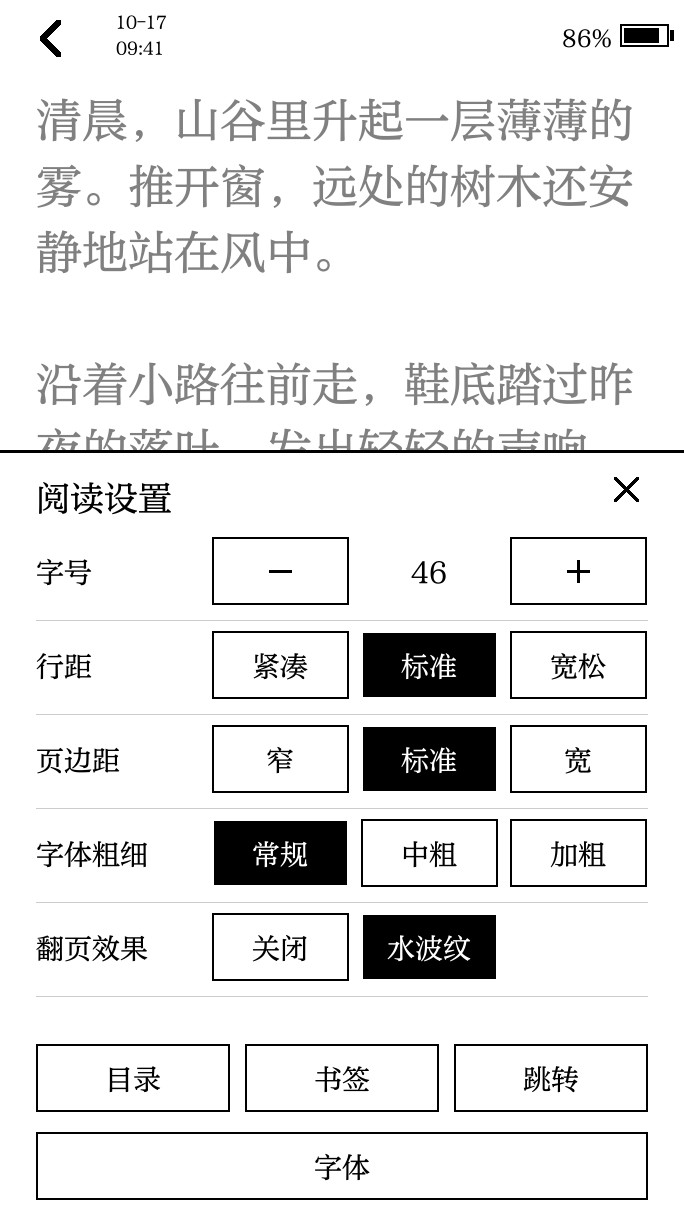 阅读页底部展开字号、行距、边距和字体等设置