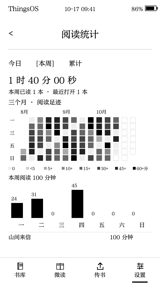 阅读统计界面，包含三个月热力图和每周时长柱状图